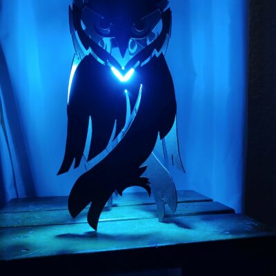 HCS Metalworks - Custom Metal Owl Lamp Blue Light Glow